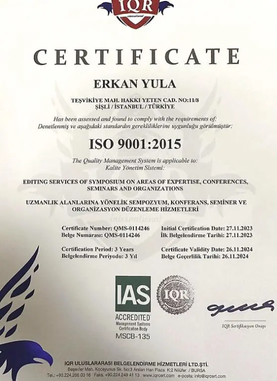 ISO 9001:2015 Kalite Yönetim Sistemi Sertifikası — Erkan Yula / QMEL